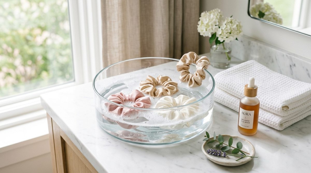 Quy trình giặt tay nhẹ nhàng scrunchie lụa tơ tằm với nước mát và dầu gội dịu nhẹ trong bát thủy tinh