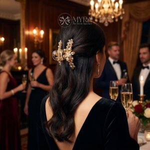 Kẹp tóc đính đá pha lê vàng champagne kẹp nửa đầu đi tiệc tối