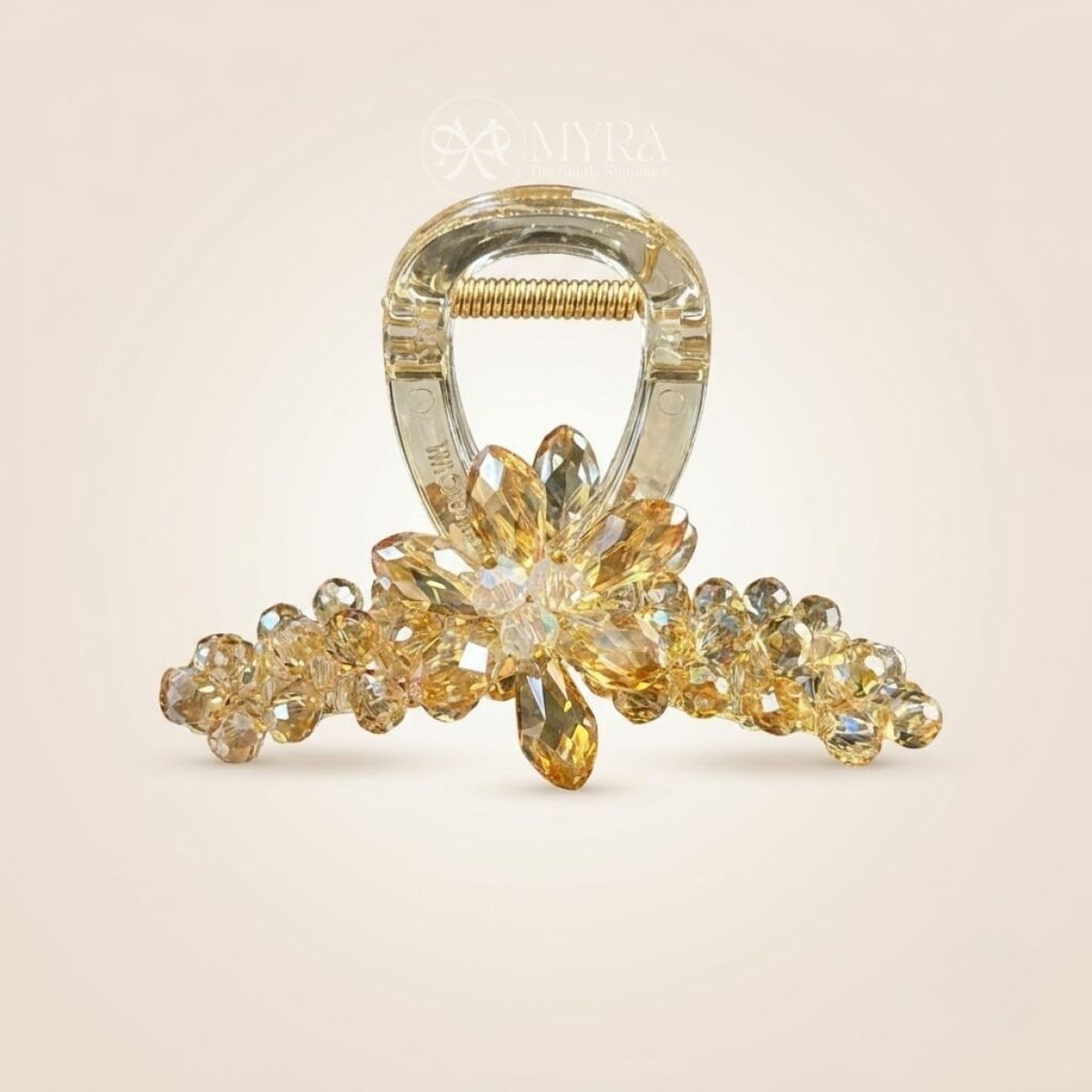 Kẹp tóc nữ đính đá pha lê cao cấp màu vàng champagne size 13cm MYRA