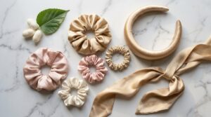 Set phụ kiện tóc lụa tơ tằm cao cấp gồm scrunchies, băng đô và kẹp tóc trên bàn đá cẩm thạch sang trọng
