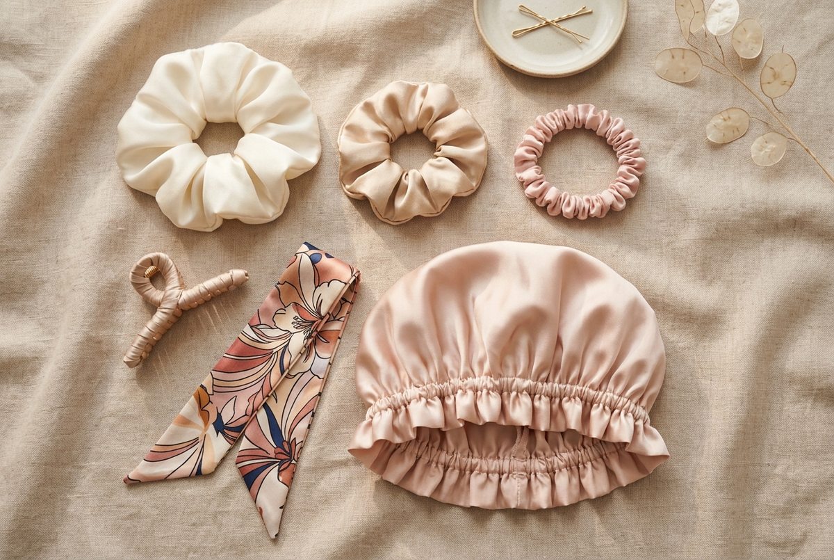 Bộ sưu tập 5 phụ kiện tóc lụa tơ tằm gồm scrunchies đa kích thước, kẹp càng cua bọc lụa, khăn twilly và mũ ngủ silk bonnet